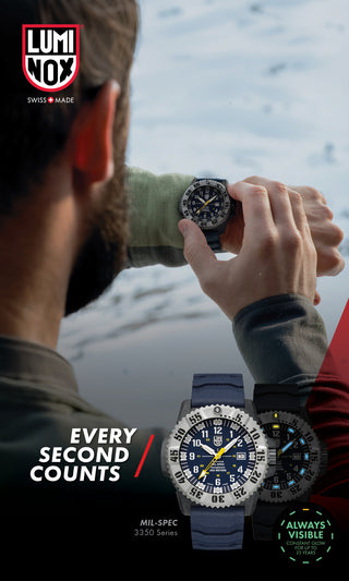 Person holding a LUMINOX watch with product images and branding text overlay.